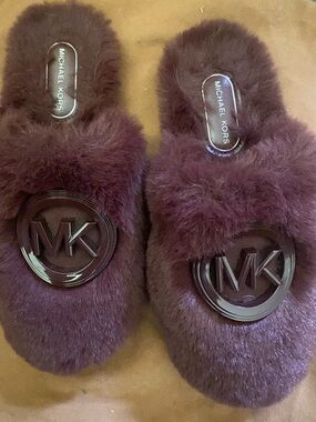 Michael Kors Plush Plum Faux-Fur MK Logo Slide Slippers